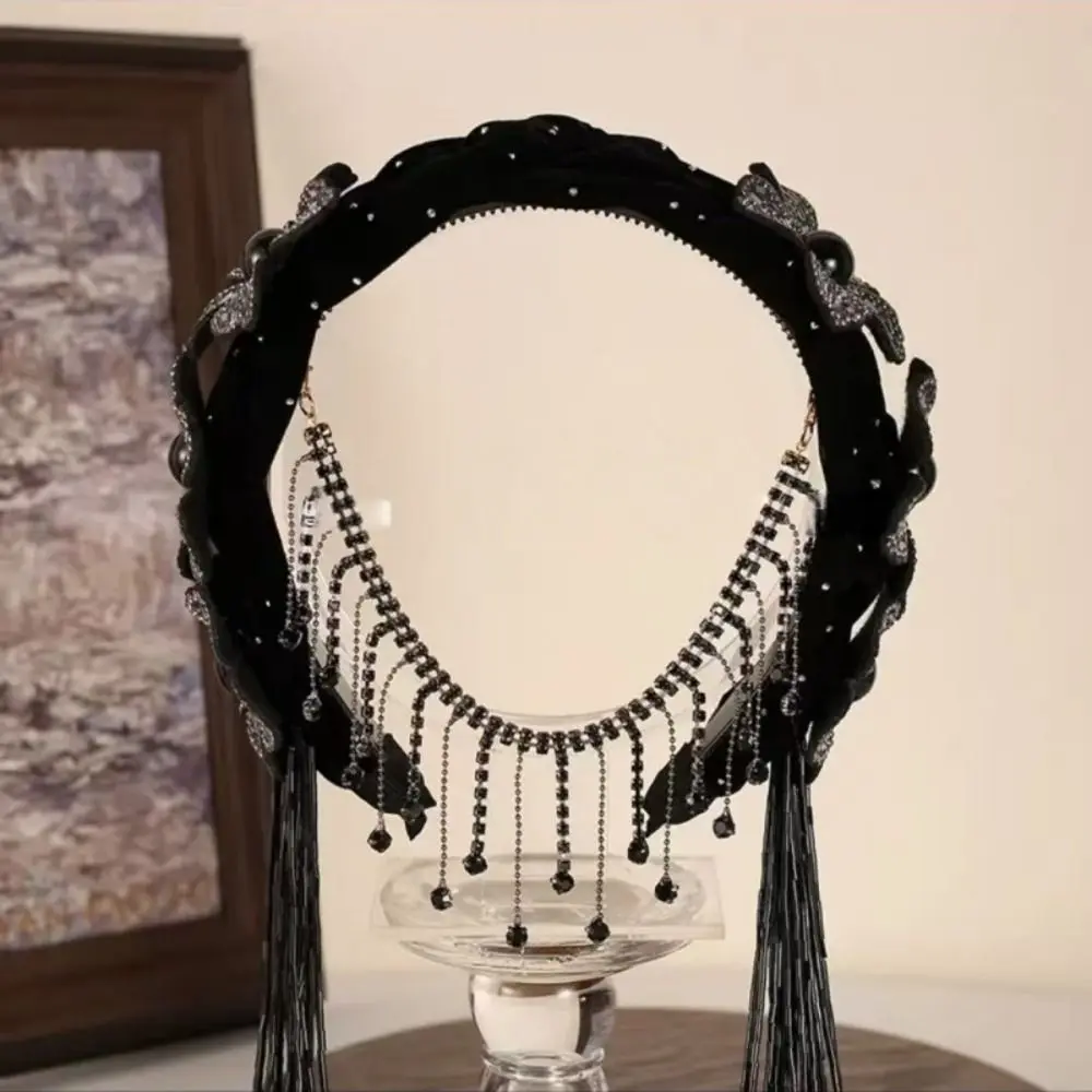 

Korean Style Braid Flower Hair Hoop Exquisite Rhinestone Party Celebration Tiara with Tassel Light Luxury Elegant Headband