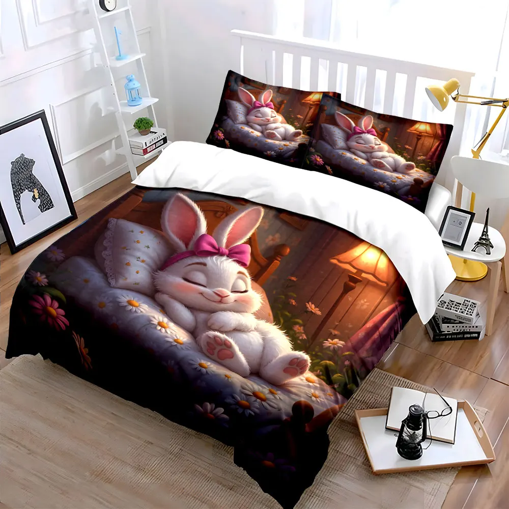 Soft bunny sleeping on flower bed Bedding Set for Kids Luxury Gift 3pcs Digital Print Comforter Set Soft Comfortable Breathable