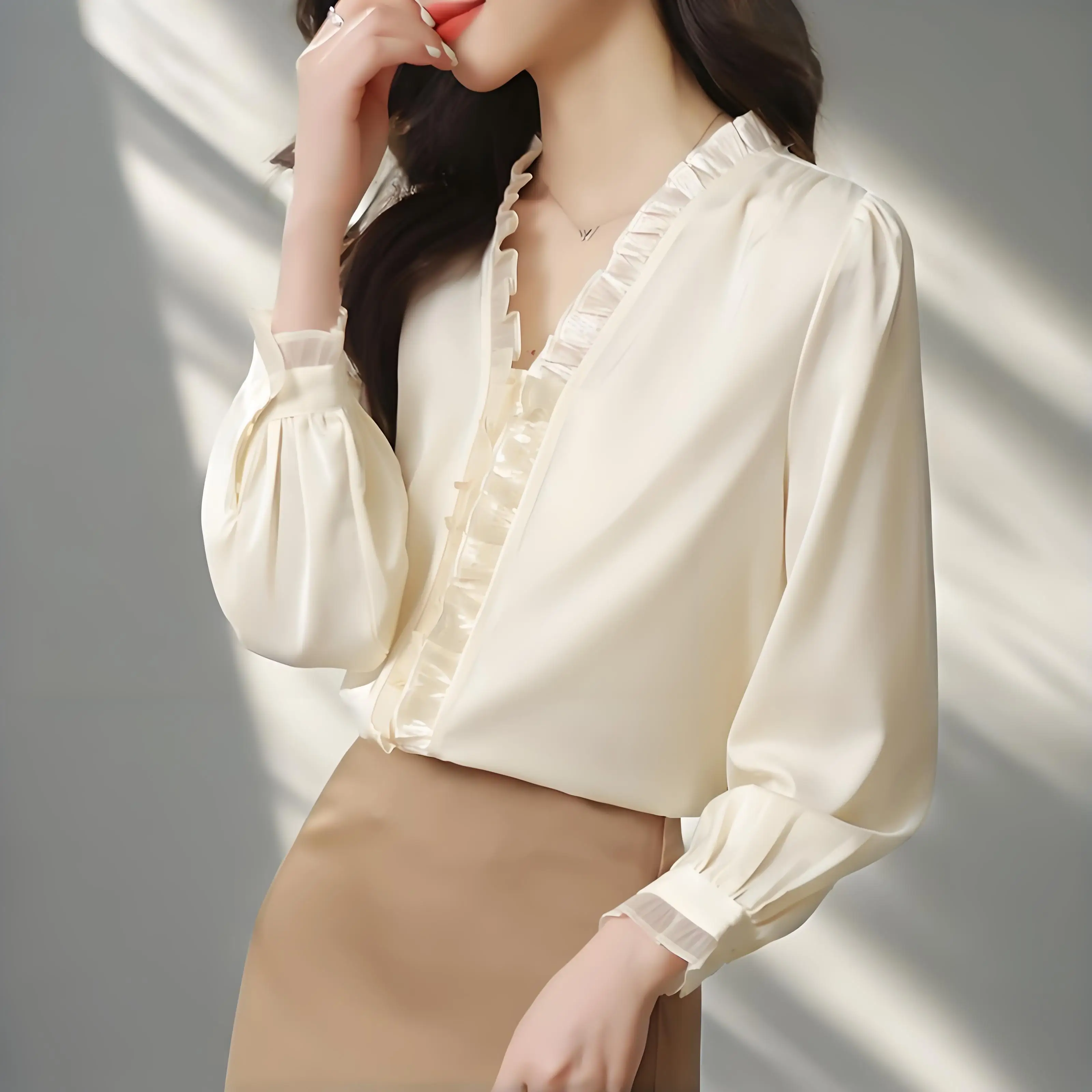 

Women's Romantic V-Neck Chiffon Blouse with Ruffled Trim Effortlessly Chic Korean Inspired Top for Office & Casual Wear