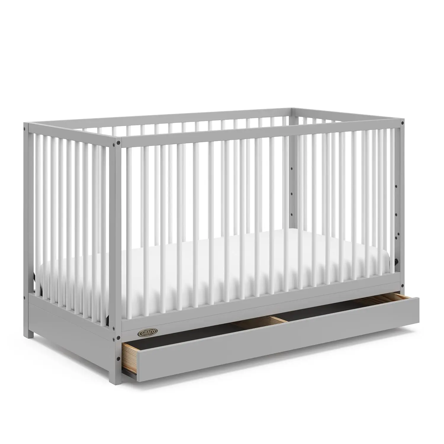 Convertible Crib with Drawer (Pebble Gray with White) Gold Certified with Drawer Combo, Full-Size Nursery Storage Toddler Bed