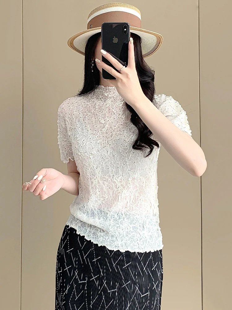 

Summer New Sle Women's ort Sve Embroidered T-irt Heavy Embroidery Folded Design High Quali Faionable Korean Sle