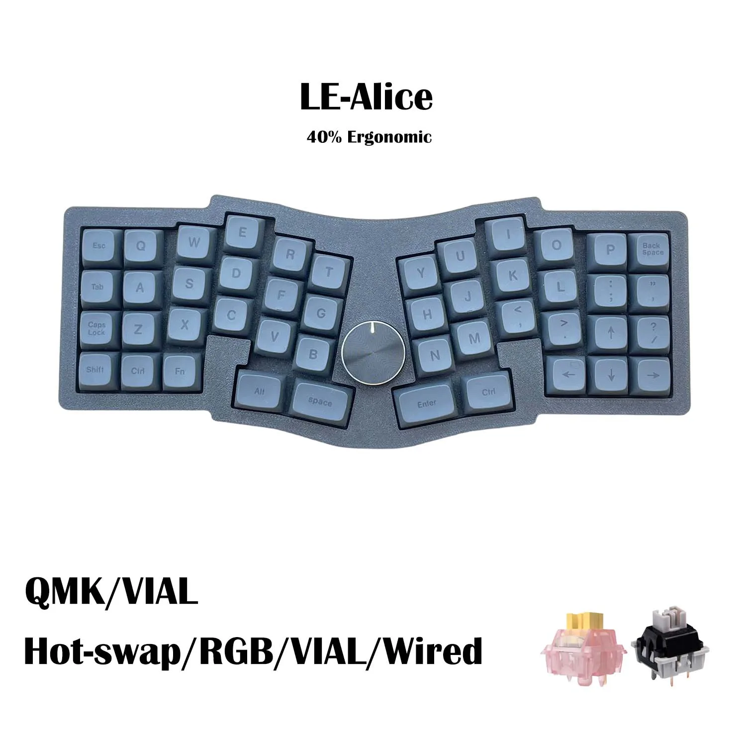 40% LE-Alice Ergonomic Mechanical Keyboard, 46 Keys with Custom Macro Knob, Hot Swappable, RGB Backlit, VIAL Programm