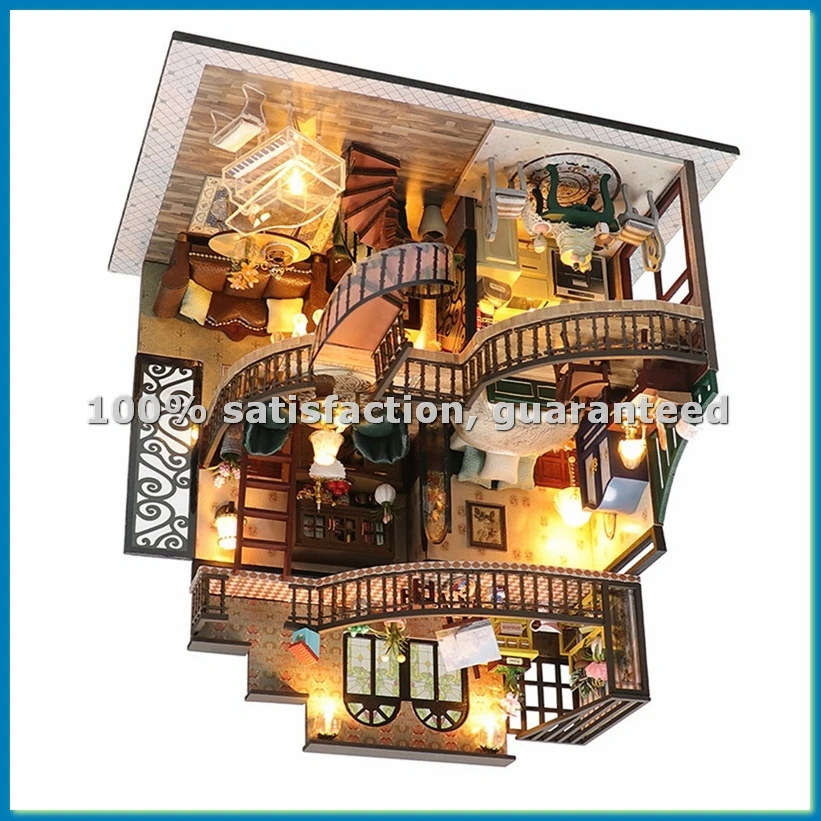 DIY Book Nook Insert Kits Wooden Doll House Building Kit Magic House Casa Bookend with LED Lights Bookshelf-A20R