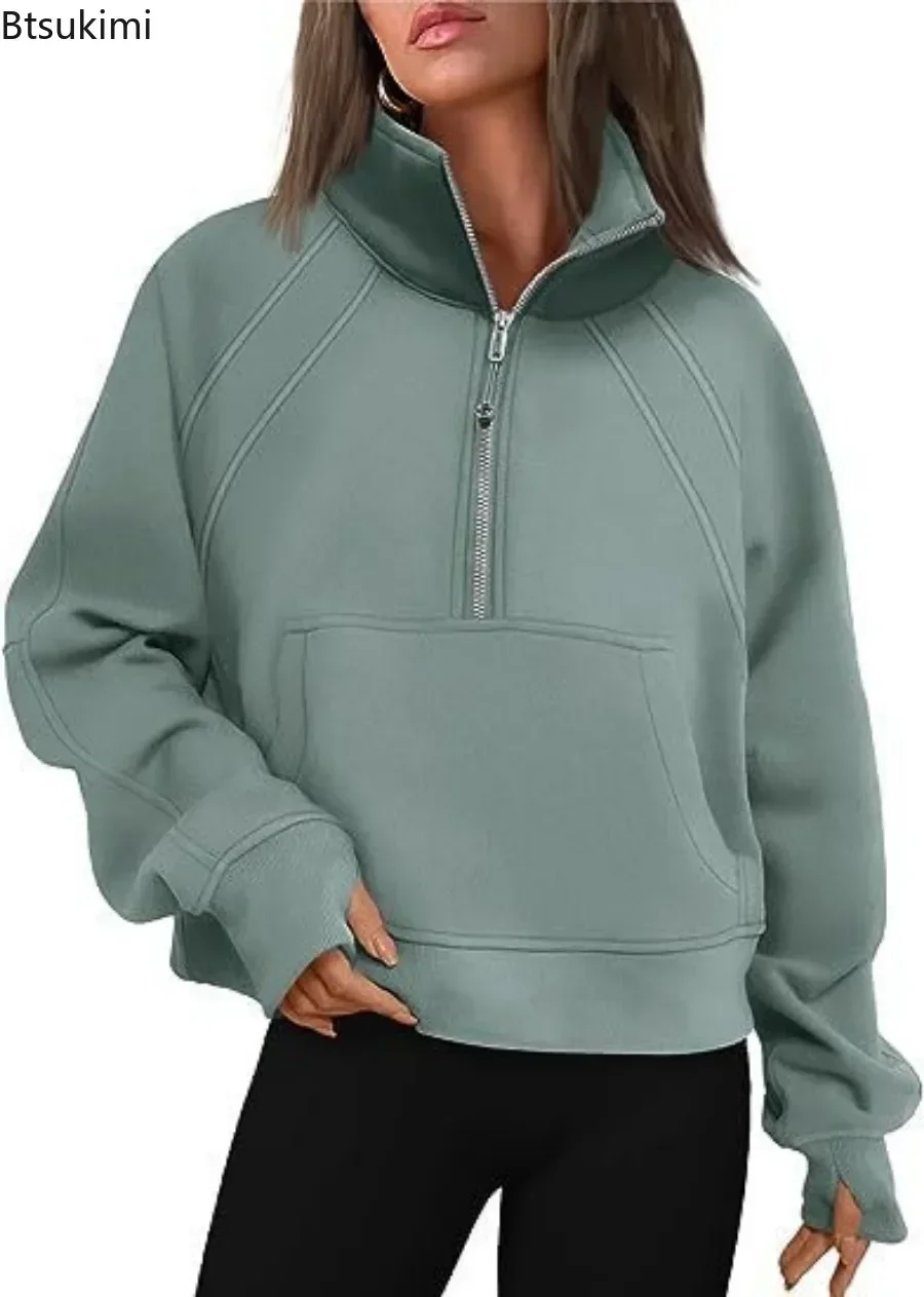 2025, Damen-Pullover mit halbem Reißverschluss, kurzem Stehkragen, Plüschpullover, solide Herbst-Kapuzenpullover, Übergröße, Street-Sweatshirt,