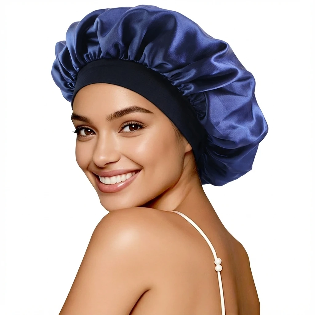 Neue Damen-Schlafmütze aus Satin in Uni-Farbe, atmungsaktiv und weich, Schlaf-Turban-Mütze für lockiges Haar. – Detail 4