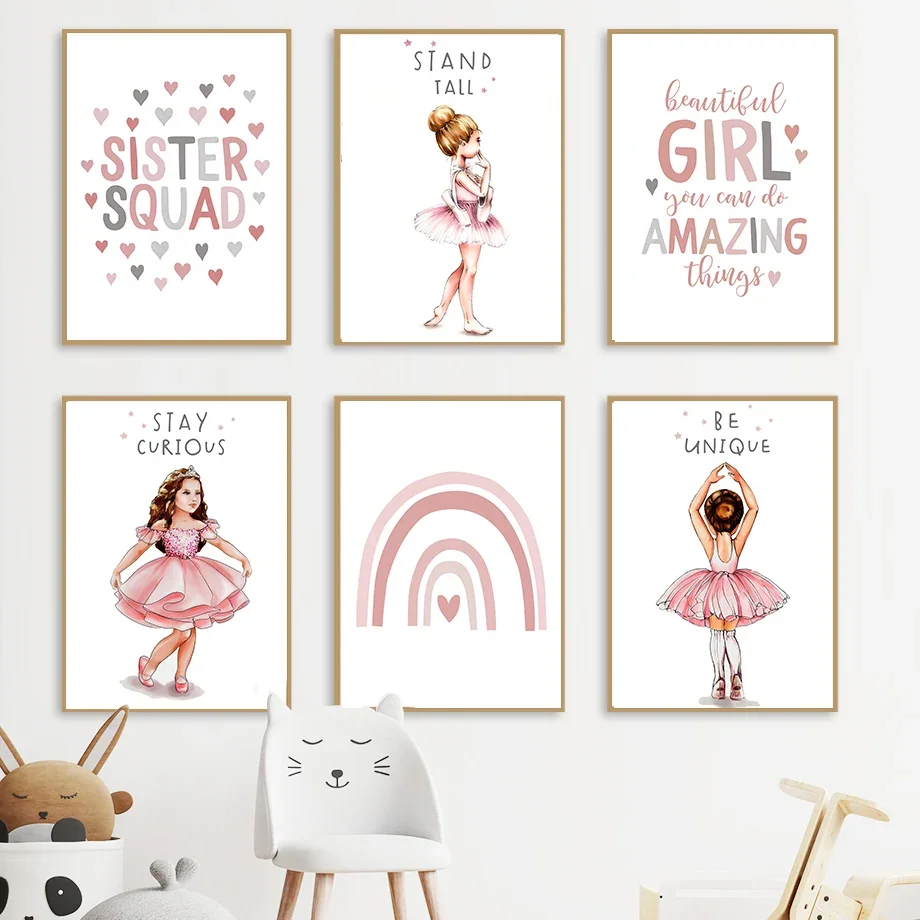 

Pink Ballet Girl Princess Rainbow Nursery Wall Art Canvas Painting Nordic Posters And Prints Wall Pictures Baby Kids Room Decor