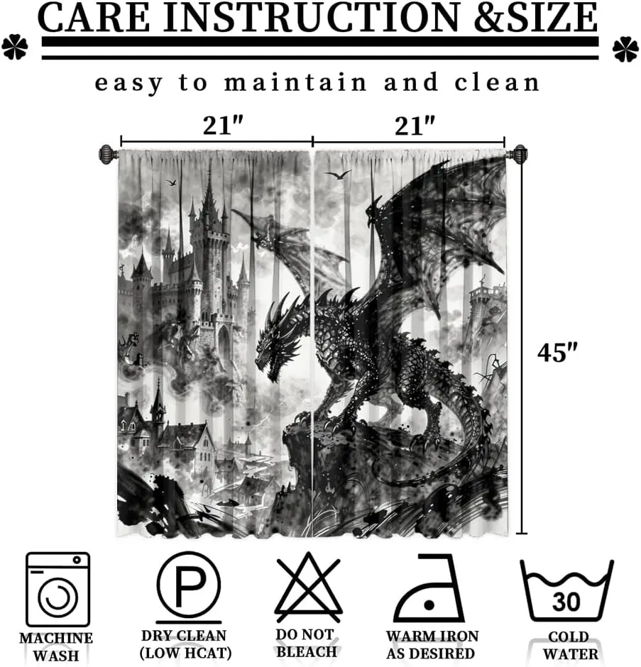 Mythical Ink Animal Dragon Rod Pocket Curtains-Watercolor Medieval Castle Blackout Curtains & Drapes,Vintage Gothic Black Dragon