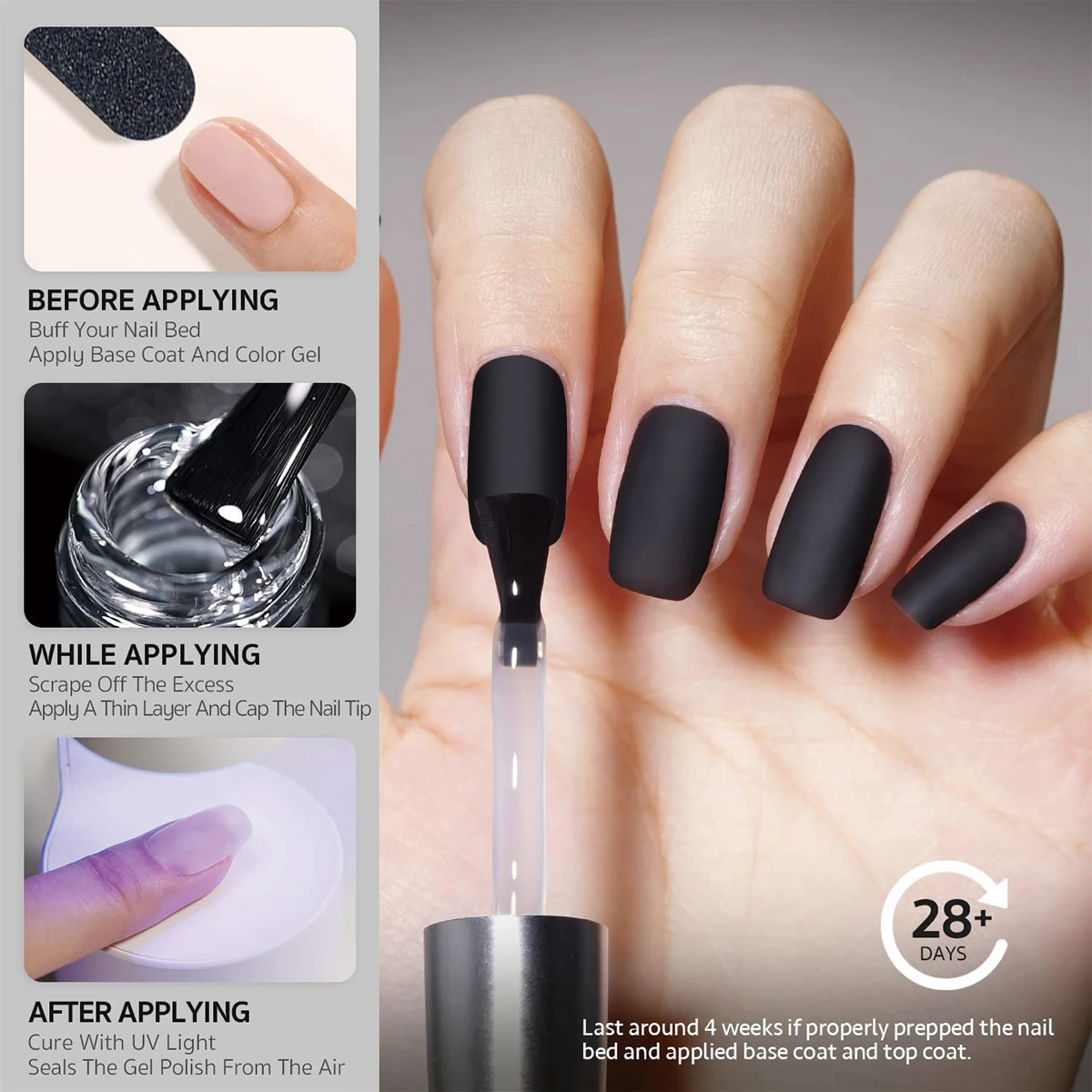 네일 광택제 젤 세트, 블랙, 화이트, 버건디 UV 흡수 네일 젤, 매트 탑 코트 포함, 홈 네일 살롱 초보자용, 2 개