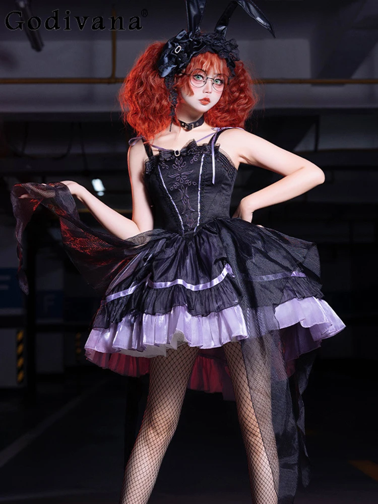 

Lolita Halloween Cos Gauze Splicing Irregular Suspender Dress Sweet Cool Girl Goth Black Purple A-line High Waist Jsk Dresses