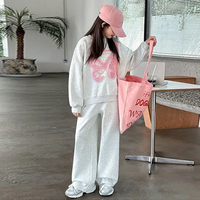 ZOETOPKID Mädchen Herbst-Sets Teenager Frühling Sportanzüge Kinder Spitze Schmetterling Sweatshirt+Lose Hose 2-teilig Kinder-Outfits – Detail 4