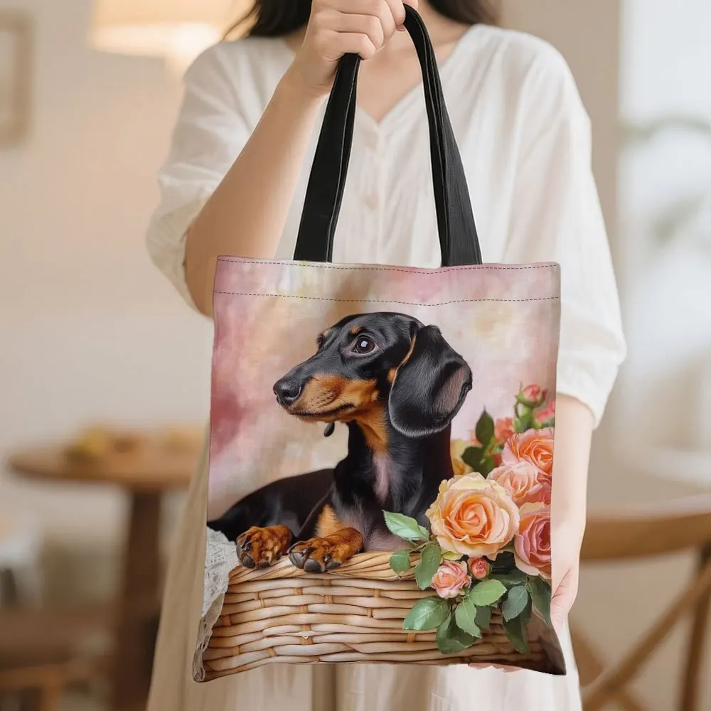 1pc Large Capacity Tote Bag Cute Dachshund Dog Face Floral Design Spacious Rectangular Grocery Bag For Women Men