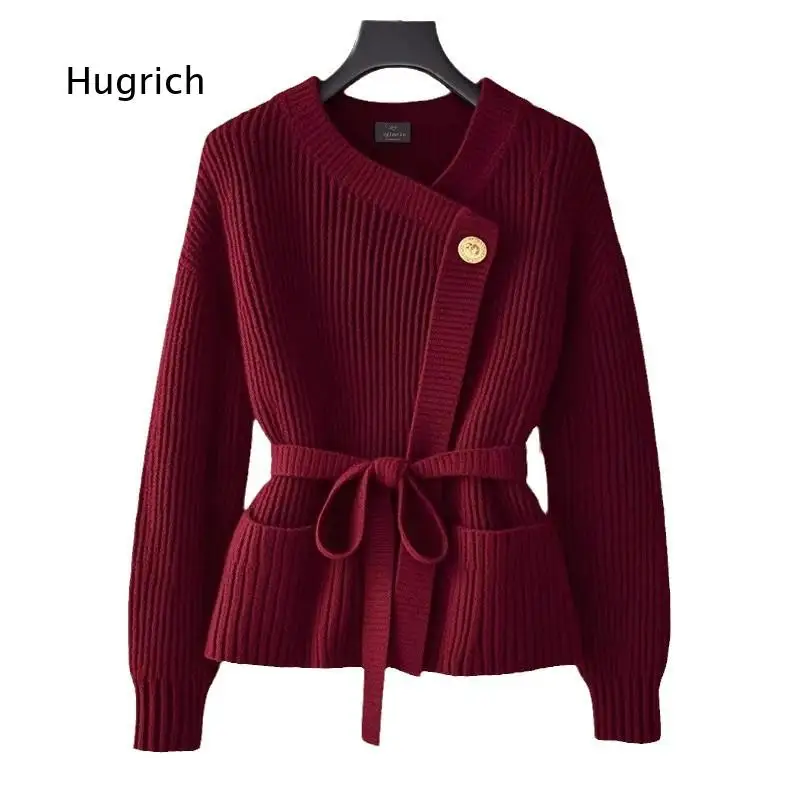 Red Round Neck Waist Tie Knit Cardigan Women Elegant Mature Style Loose Slim Sweater Top Comfortable Outerwear For Autumn And Wi