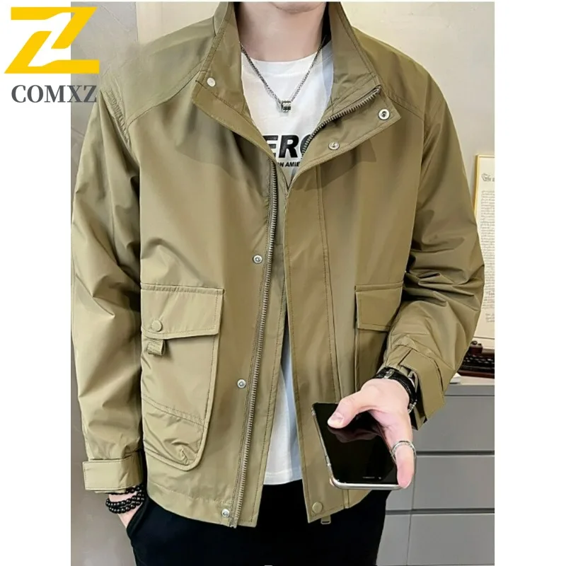 

COMXZ Solid Color Windbreaker Jacket Multi Pocket Branded Comfortable Outdoor Travel Camping Jackets Walking Autumn Men Coat