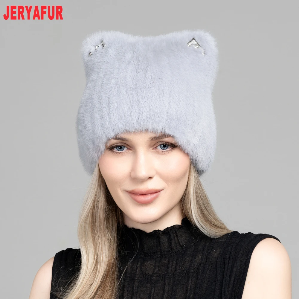 Women White Faux Fur Beanie Hat, Cute Cat Ears with Rhinestone Decor, Warm Fluffy Winter Cap, 55‑60cm Head Circumference view 4
