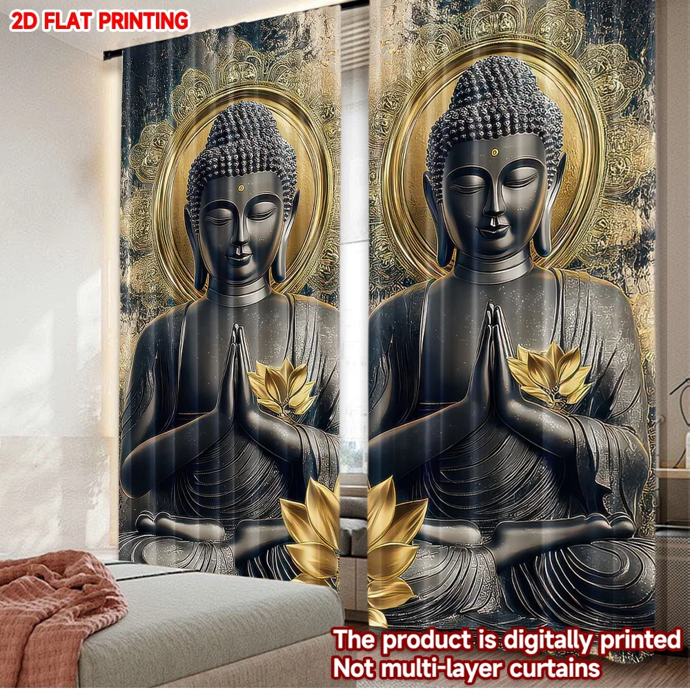 2D-Flachdruck, 2 Stück Vorhänge, goldener Buddha-Lotus, digital bedruckte Polyester-Vorhänge, festliche Wanddekoration, Verwendung für Stände