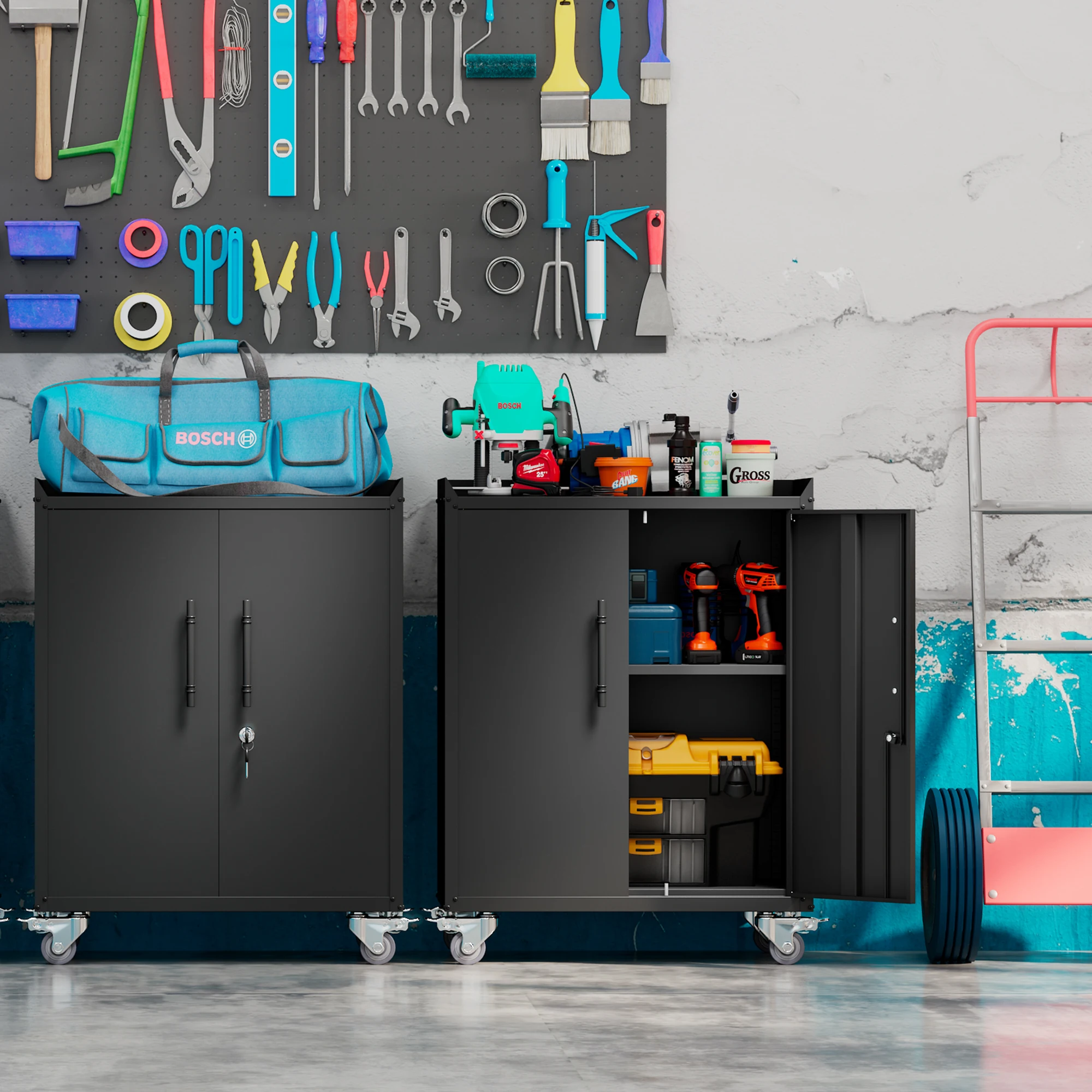 Garage 2 door tool cabinet,Locking metal storage cabinets with wheels,rolling toolbox,Lockable garage storage cabinet