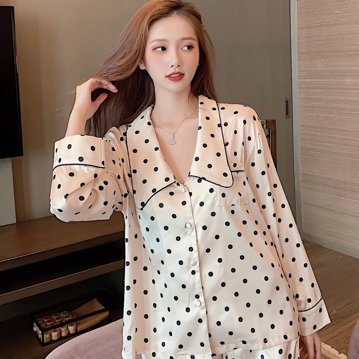 Long Pajamas Women's Pajamas Set Satin Pajamas for Women Autumn Sleepwear White Dot