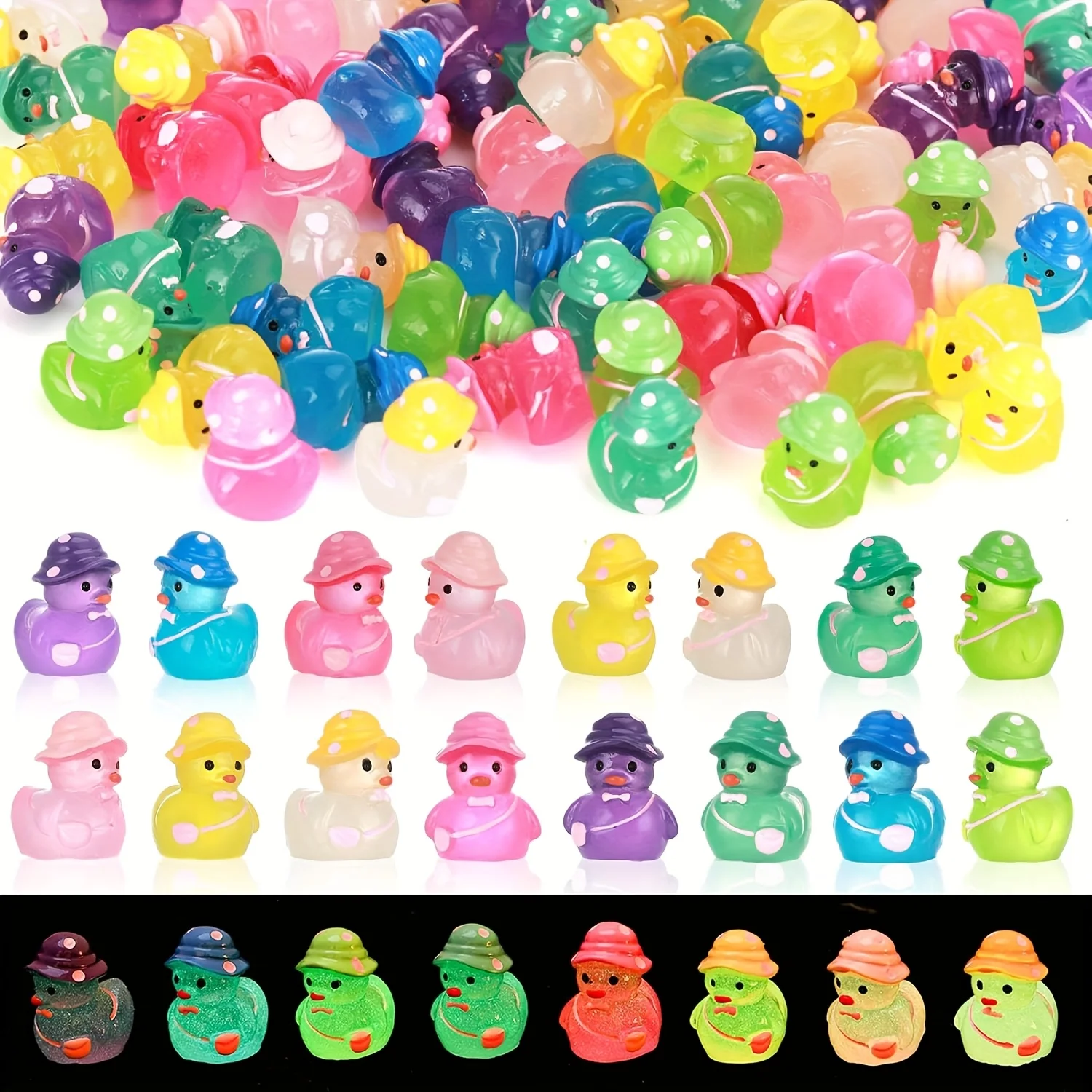 100/50pcs Glow-in-the-Dark Mini Resin Ducks with Hats Colorful Figures for DIY Crafts Cake Easter Micro Landscape Gardens Decor