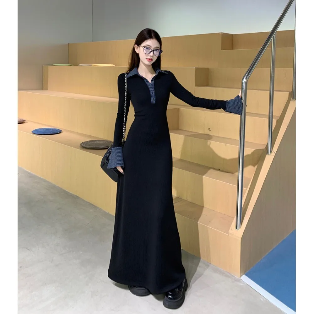 ドレス 長袖 レディースドレス アップリケ 冬 ベルベット レイヤード パネル付き 長袖 Hライン ミニマリストスタイル サーマル アーティスティック