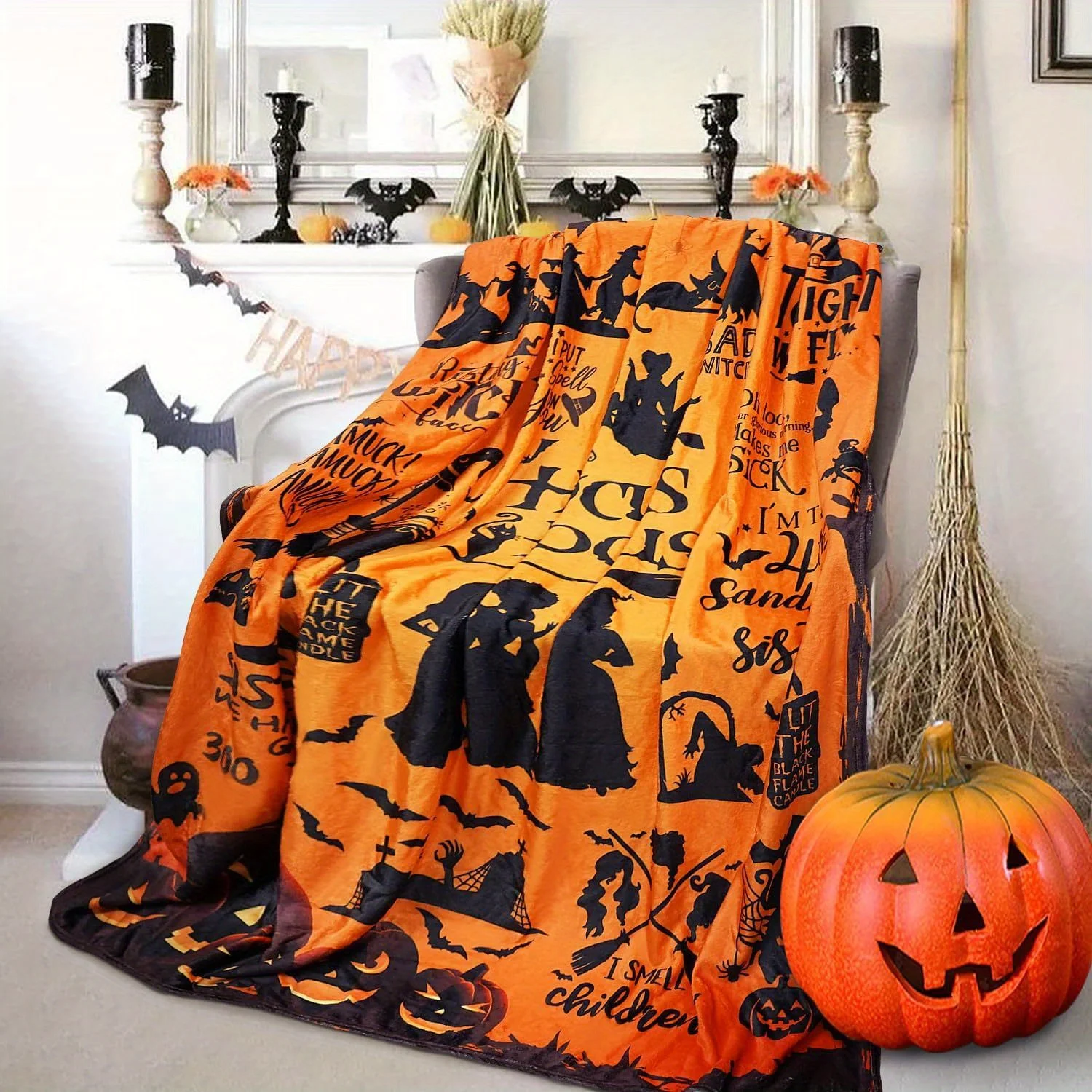 Flanell-Halloween-Decke, Orange, Schwarz, Hexe, Silhouette, Flanelldecke für Sofa, Wohnzimmer, gruseliges festliches Dekor, gemütlich zertifiziert