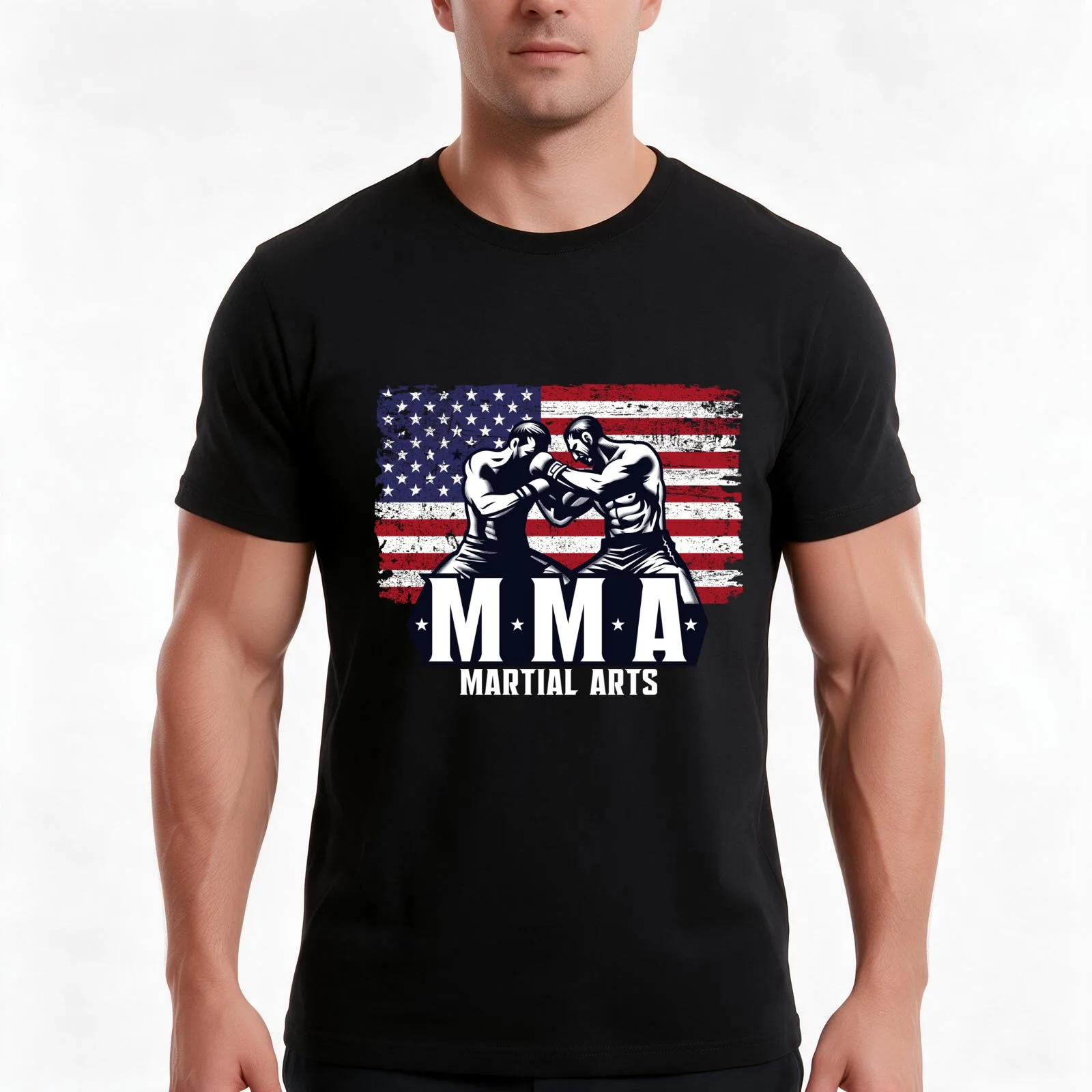 Patriotic MMA Fighters Tee: American Flag & Martial Arts Pride T-Shirt, Summer Casual Cotton Tee, Oversized Streetwear Tops
