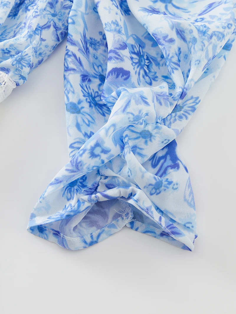 2025 moda de verano azul y blanco vestidos florales de porcelana mujeres encaje empalme cuello en V cintura Puff manga Mini vestido