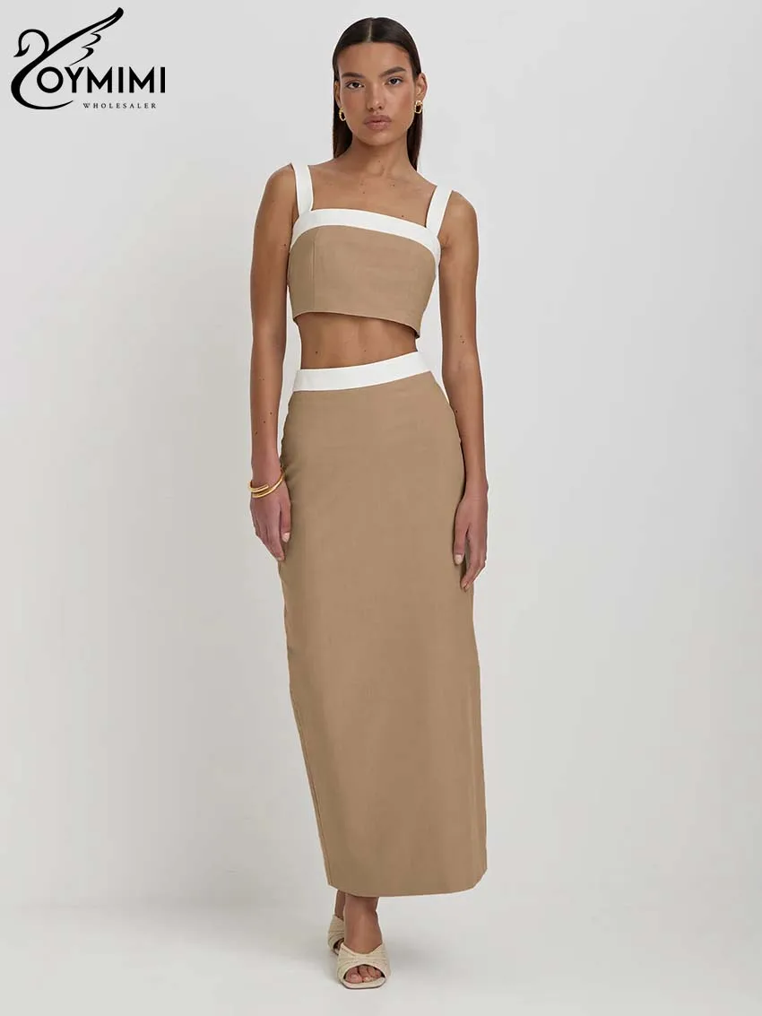 Oymimi Eleagnt Khaki Cotton 2 Piece Sets Women Outfit Fashion Slip Patchwork Crop Tank Tops And High Waist Straight Skirts Sets