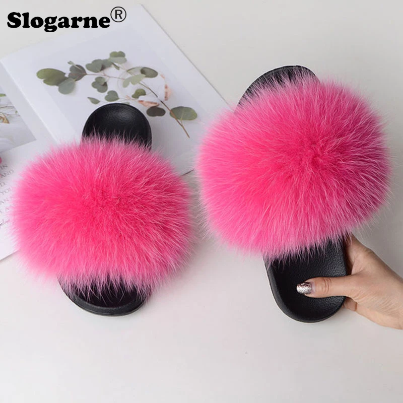 Summer Faux Fox Fur Slippers Fuzzy Fur Slides Women Fluffy Sandals Indoor Outdoor Ladies Shoes Woman Slippers Furry Flip Flops