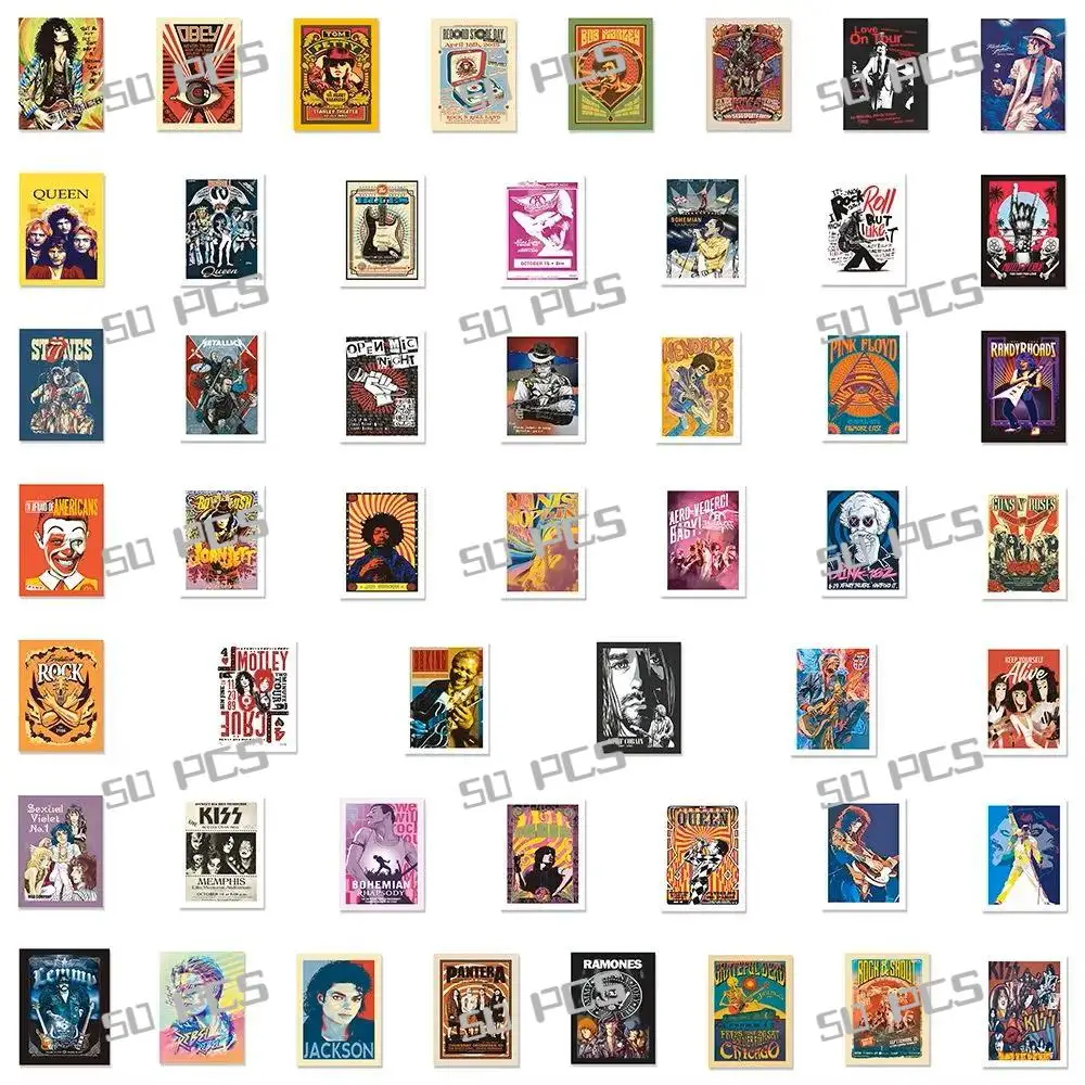 50PCS Fashion ROCK Music Stickers Band Aesthetic for Ipad Phone Guitar Motorcycle Skateboard Luggage Cup Graffiti Stickers