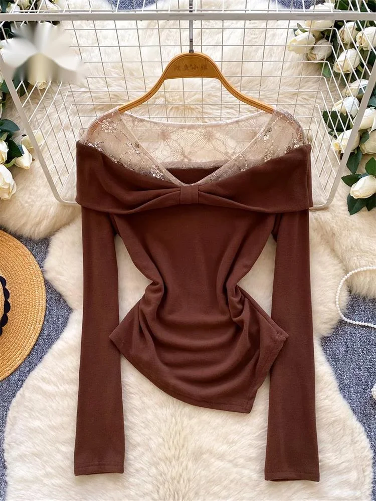 

Женская блузка с пайетками, кружевом и сеткой, с длинными рукавами, драпировкой, осенняя, приталенная, универсальная, с асимметричным подолом, соблазнительная