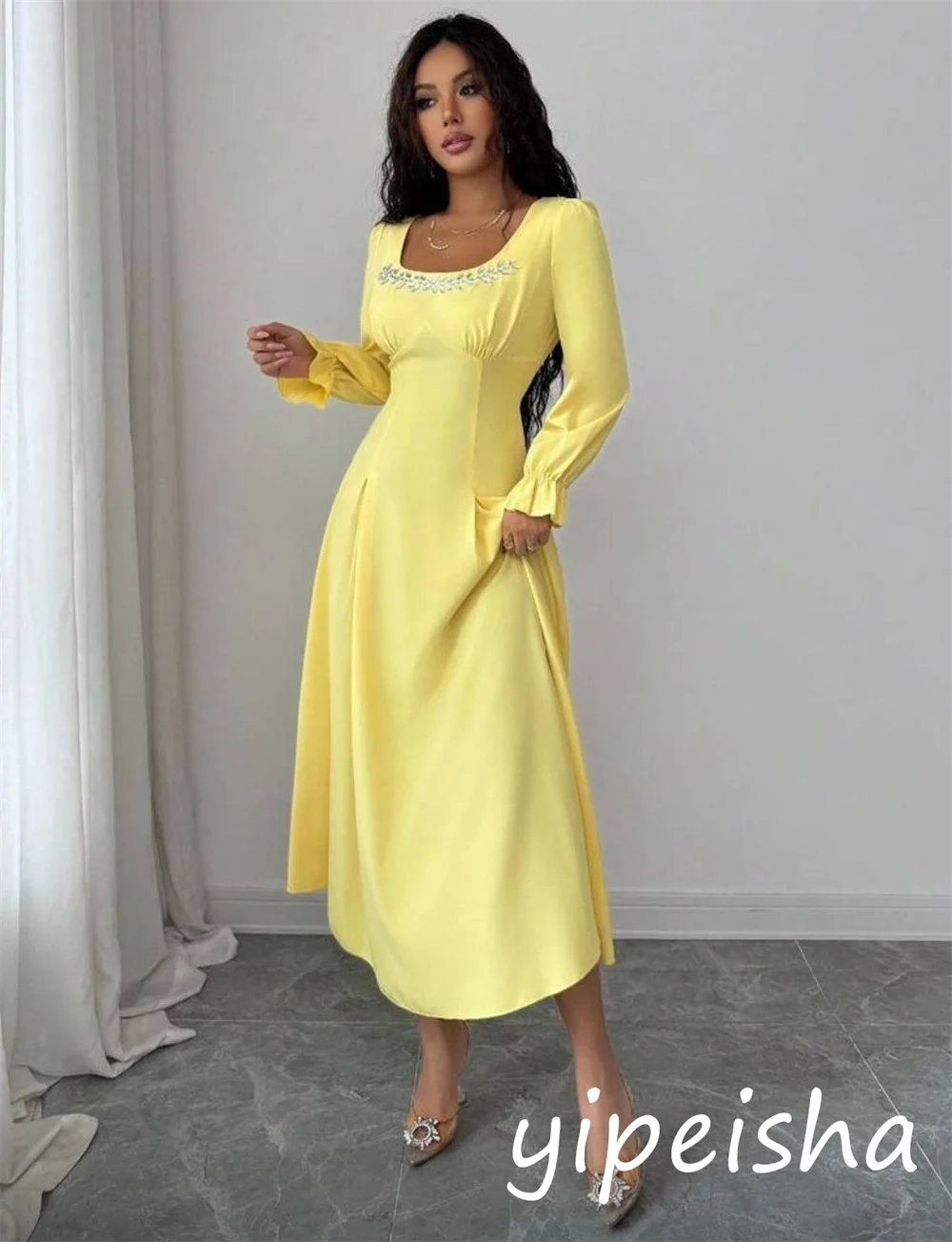 Customized Classic Exquisite Jersey Sequined Pleat A-line Square Neck Midi Dresses Bespoke Occasion Retro