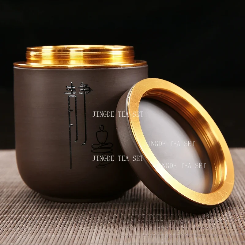 Purple Clay Tea Canister with Monk Pattern and Gold Thread Sealed Lid Traditional Zisha Tea Caddy for Home Tea Ceremony