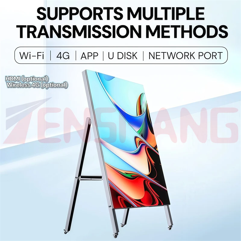 Tragbarer LED-Poster-Schild-Bildschirm mit wiederaufladbarem Akku, kostenloser Ständer für Aufzugswerbung und Wegsuchung