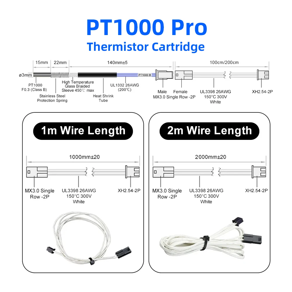 Cartucho termistor R Trianglelab PT1000 Pro de alta temperatura 450C para impresora Volcano v6 hotend rapido dragon PEI fibra de carbono