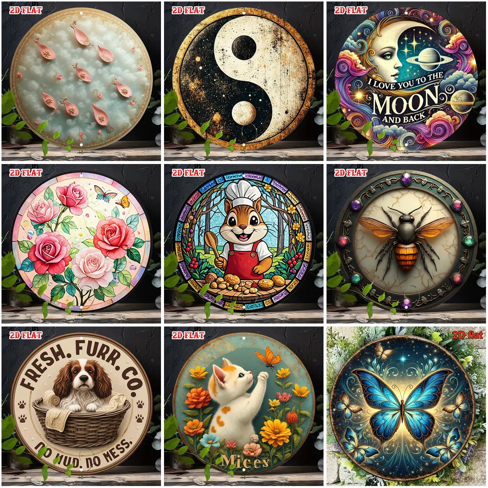 Multistyle Round Metal Tin Sign Floral Pet Insect Cosmic Yin Yang Stained Glass Vintage Wall Art Plaque for Home Garden Cabin