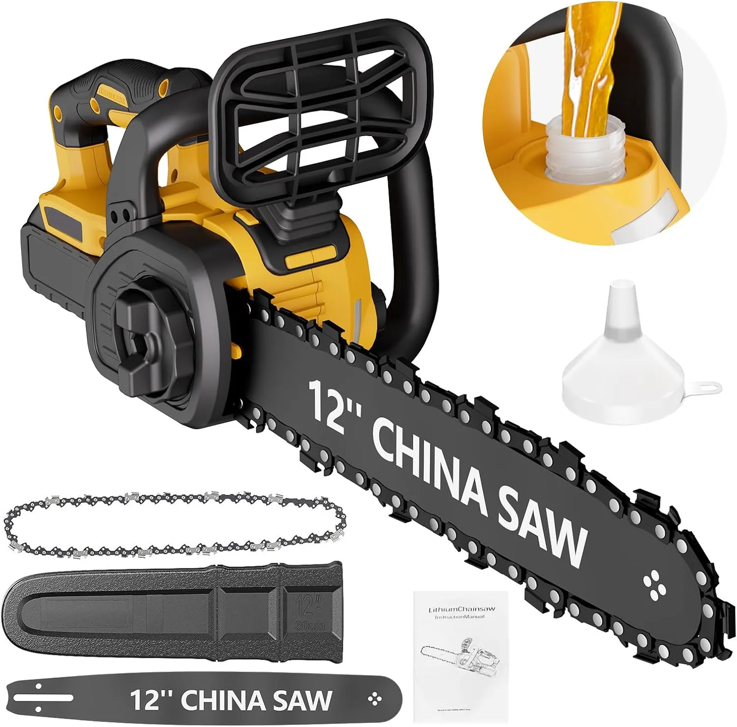 12-Zoll-Akku-Kettensäge, handgeführte elektrische Gartensäge zum Schneiden von Baumzweigen und Holz, kompatibel mit DeWalt 20V-Akku-Werkzeug.