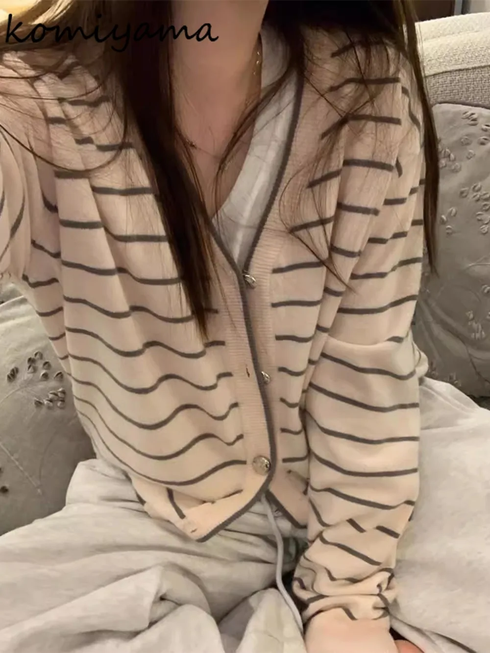 

V-neck Long Sleeve Cardigan Stripe Knit Woman 2025 Sweater Korean Style All-match Ropa De Mujer Autumn New Cardigans Clothes