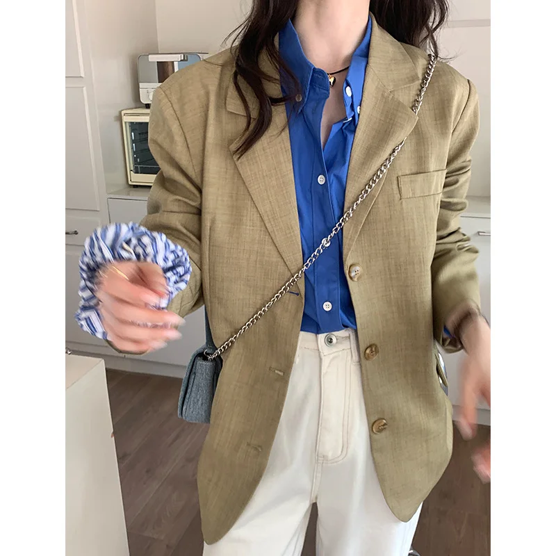 Autumn Casual Blazer Women Back Slit Suits Tailored Clothing Loose Fall Coats Versatile Cardigan Long-sleeved Pockets Khaki Tops