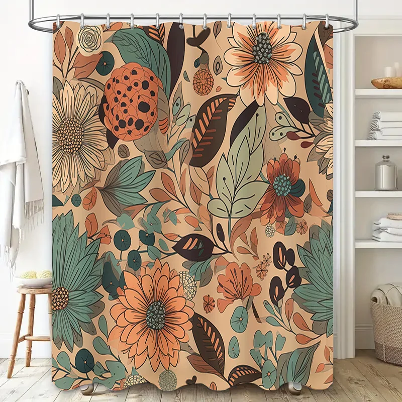 Modern Floral Shower Curtain Rustic Bathroom Decor Neutral Color Palette for Home