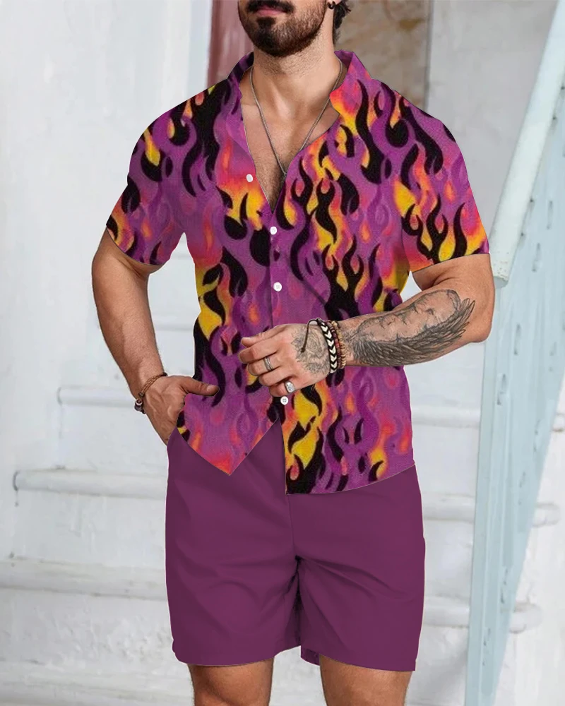 Set camicia da uomo con stampa fiamma 3D manica corta pantaloncini da spiaggia oversize casual streetwear camicia hawaiana set di pantaloncini a maniche corte