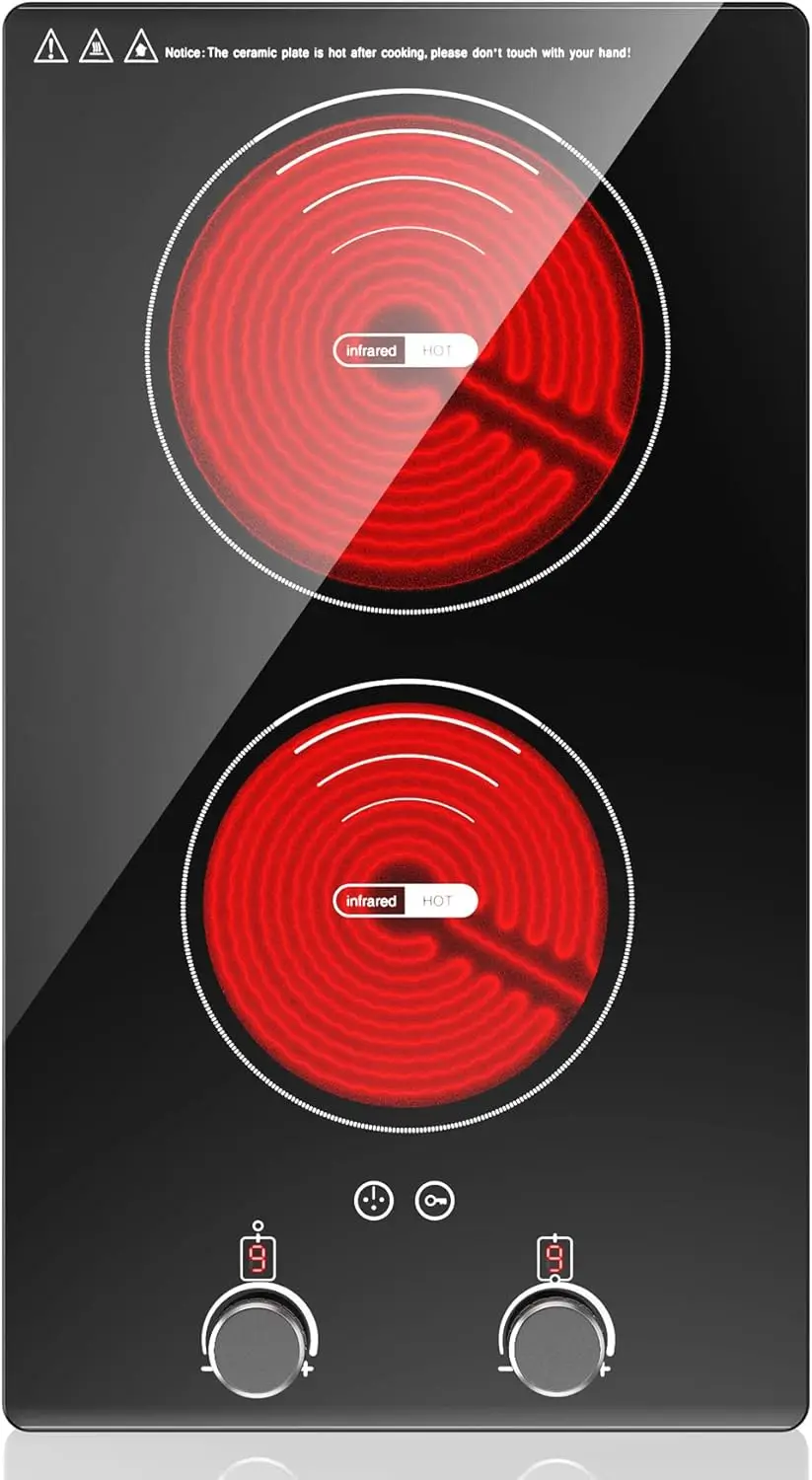 Electric Cooktop,110V Electric Stove Top with Knob Control, 9 Power Levels, Kids Lock & Timer, Hot Surface Indicator, Overheat