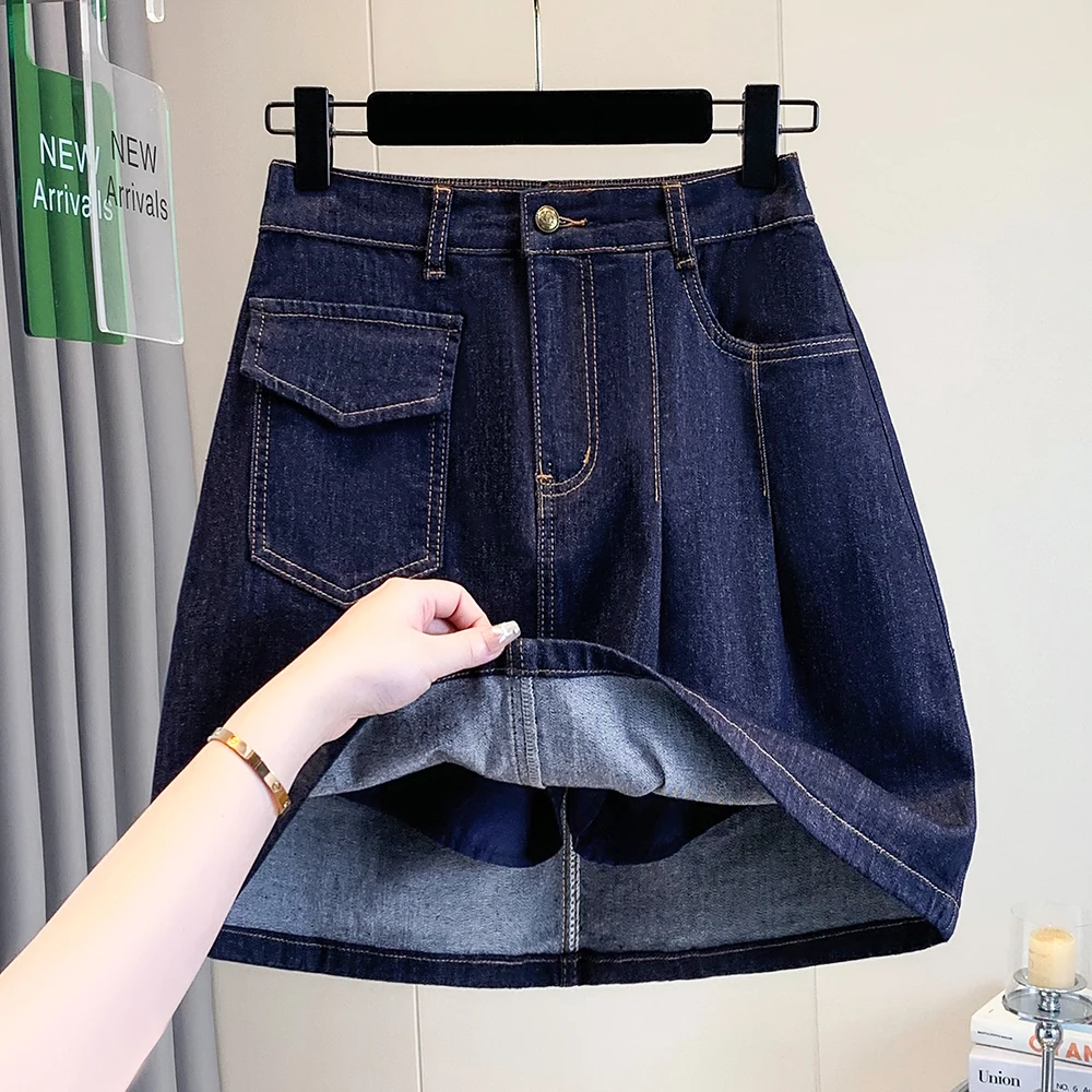 plus Size Summer Denim Skirt Elastic Waist A-Line Casual Cotton Blend Shorts for Plump Women Deep Blue Vacation Skirts