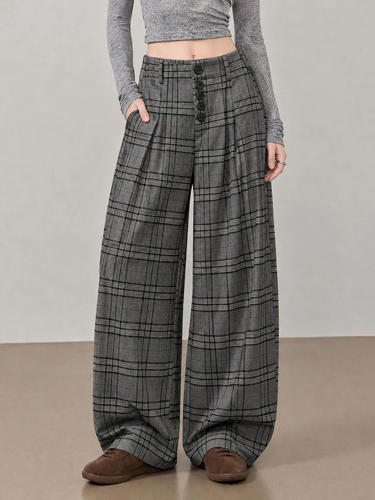REDDACHiC Work Casual Plaid Dress Pants Women Fall Winter Straight Pleated Baggy High Waist Tweed Suit Pants Minimalist Costume