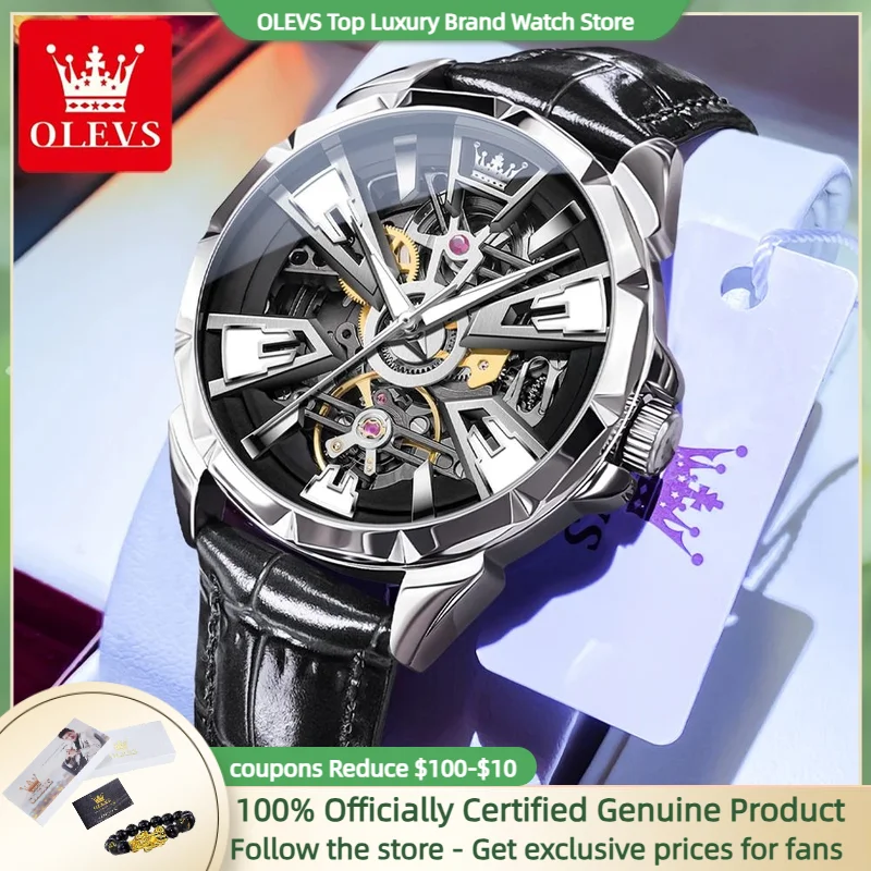 OLEVS 7051 Hollow นาฬิกาผู้ชายกันน้ําแฟชั่นสายหนังแบรนด์หรูผู้ชายนาฬิกากลไกอัตโนมัติ Reloj