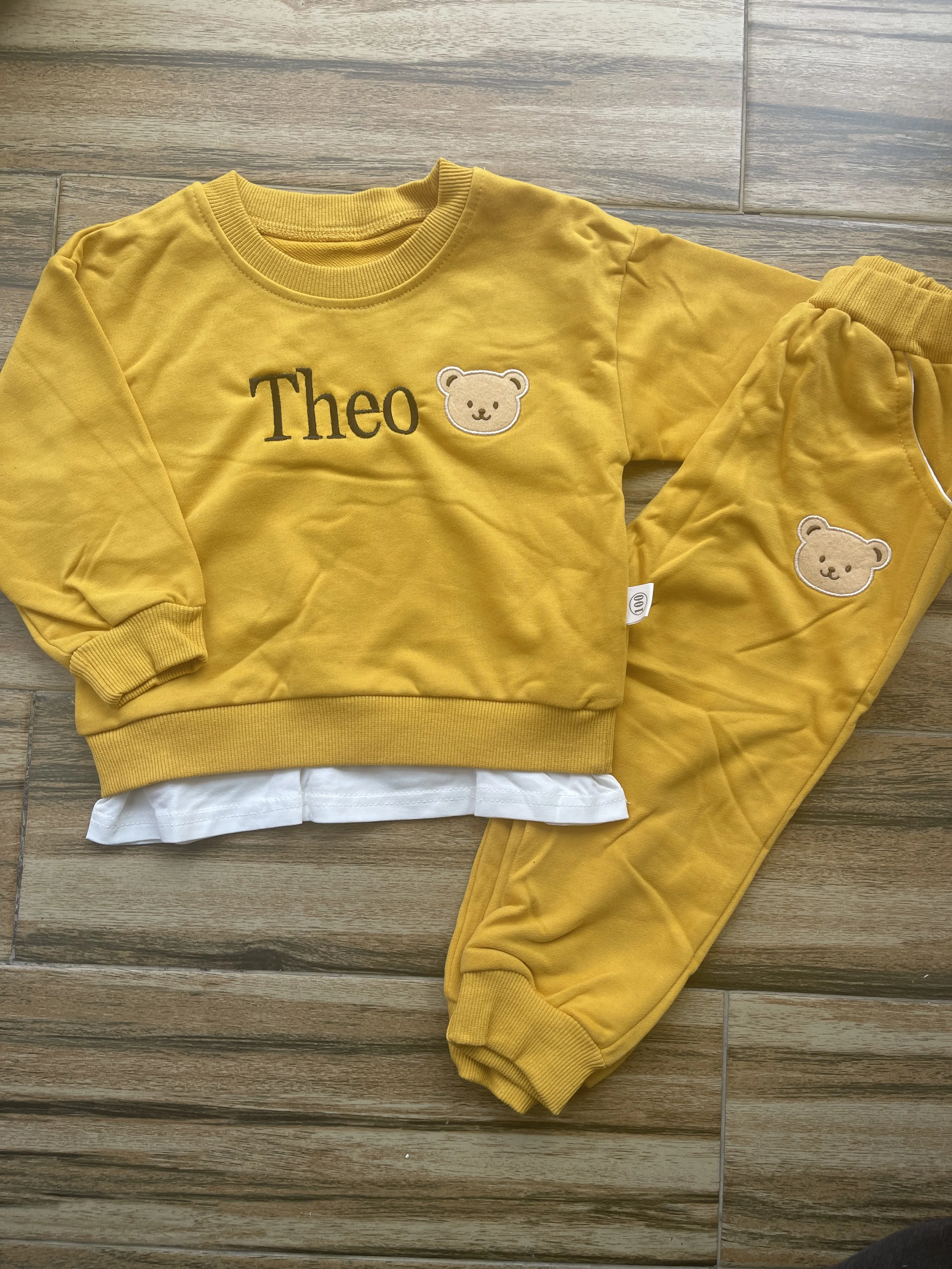 Embroidered Teddy Bear Round Neck Sports Set Name Custom Newborn Baby Cotton Baby Casual Cartoon Two-Piece Gift Pack
