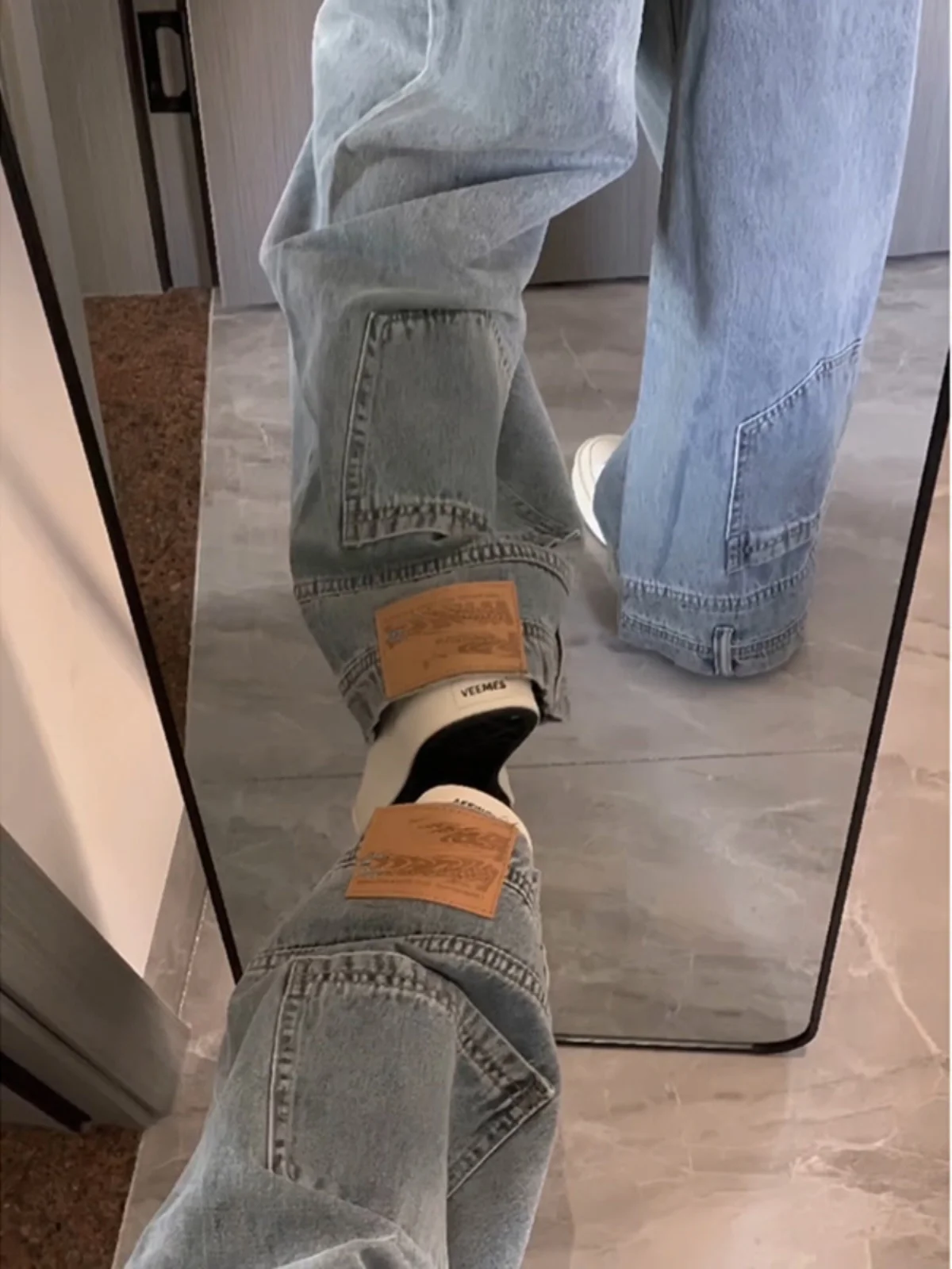 

American High Street Counterintuitive Design Jeans Men's Tall Extended Loose Wide Leg Inverted Straight Leg Pants