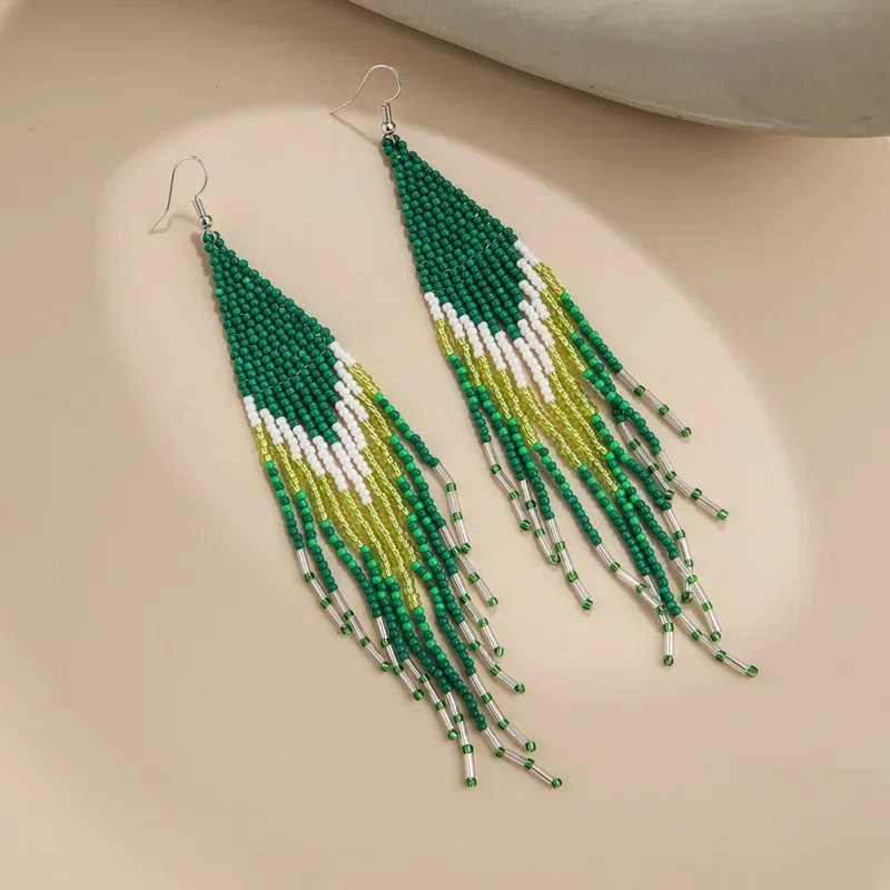 Rice bead earrings Tassel Gradient Originality Long pipe Hand knitting Bohemia Alloy Fashion Simple Beaded earrings