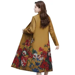 Mother's Spring Autumn Long Over Knee Retro Print Windbreaker Temperament Large High end Coat Middle aged elderly Cardigan Coat