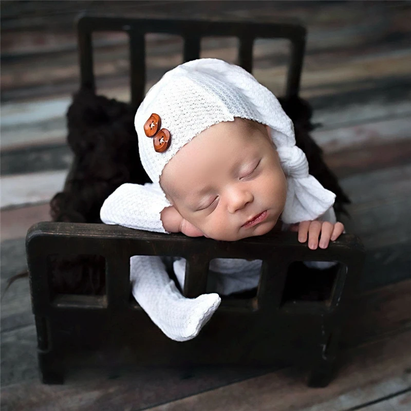 Newborn Boy Photo Props Knitting Clothes Girl Baby Boy Jumpsuit Knot Hat Set Infants Photo Shooting Bodysuit Beanies