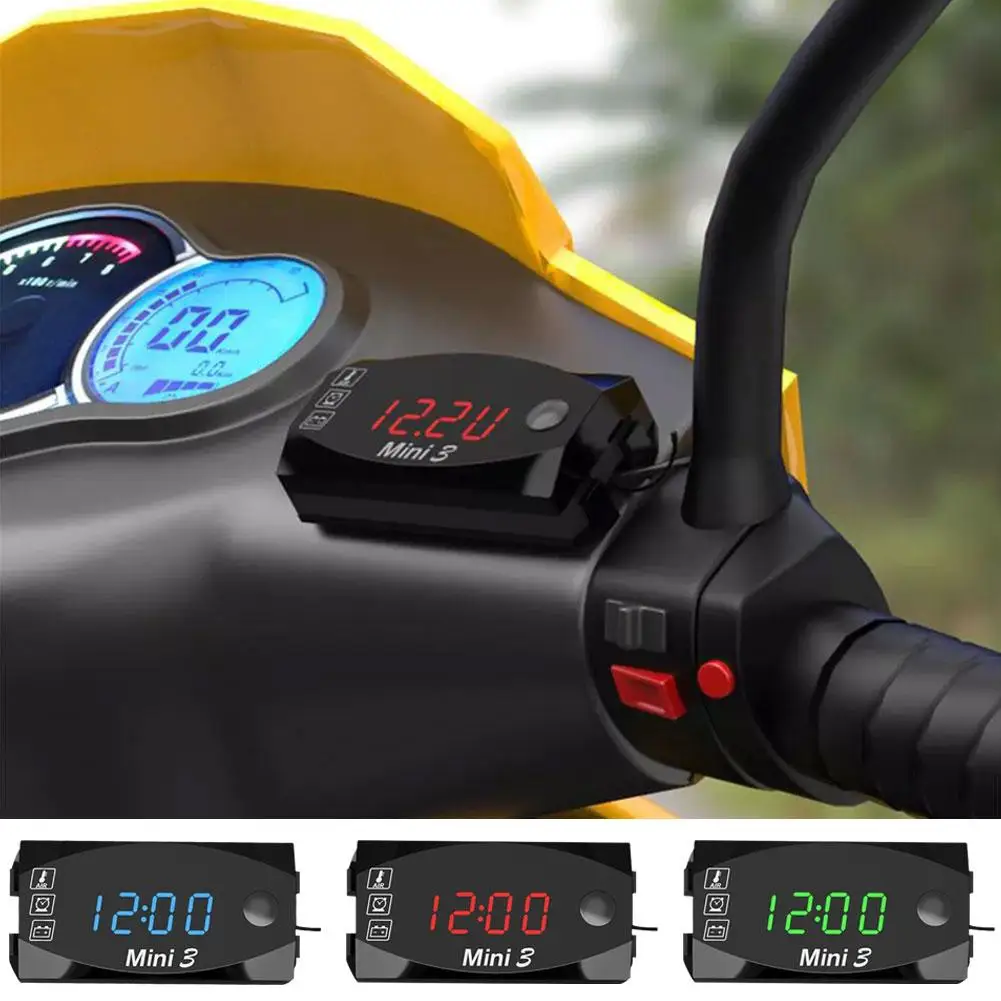 

12V 3 In 1 Motorcycle Electronic Clock Temperature Dust-proof Display Clock Universal Digital Waterproof Voltmeter IP67 I4K7